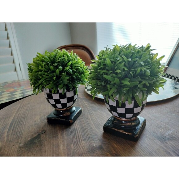 Unbranded Other - Pair of Urn Planters Rosemary Plants 6 & 7" hgt Hand Painted Black White Check